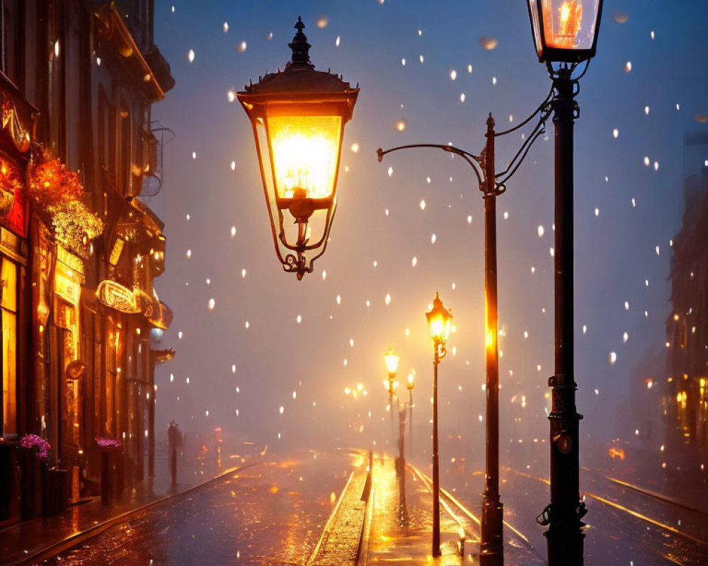 Vintage lamp-lit street on rainy evening with snowflakes and wet cobblestones