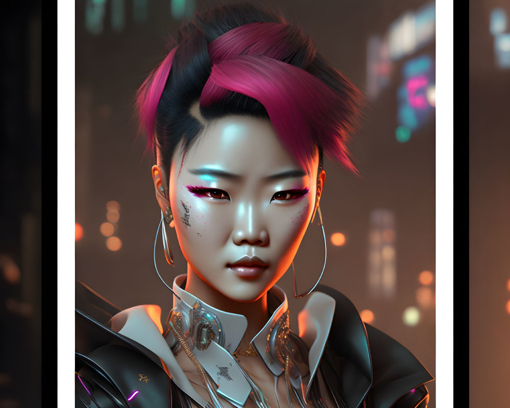 Woman with Pink Mohawk and Glowing Eyes in Neon Cityscape