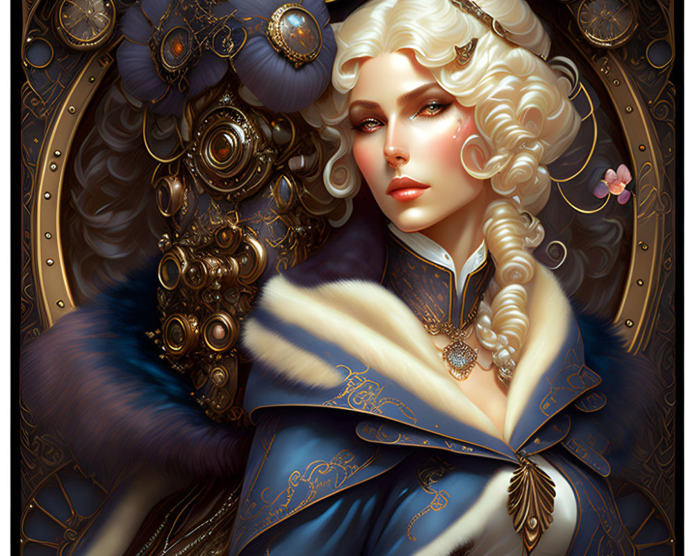 Regal woman with curly white hair in blue and gold cloak