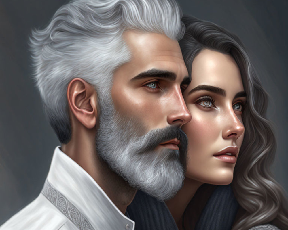 Realistic digital painting of man with white beard and woman with dark hair