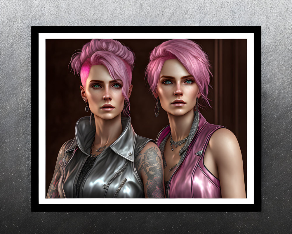 Digital illustration: Two characters with pink hair and tattoos in leather vests on textured wall