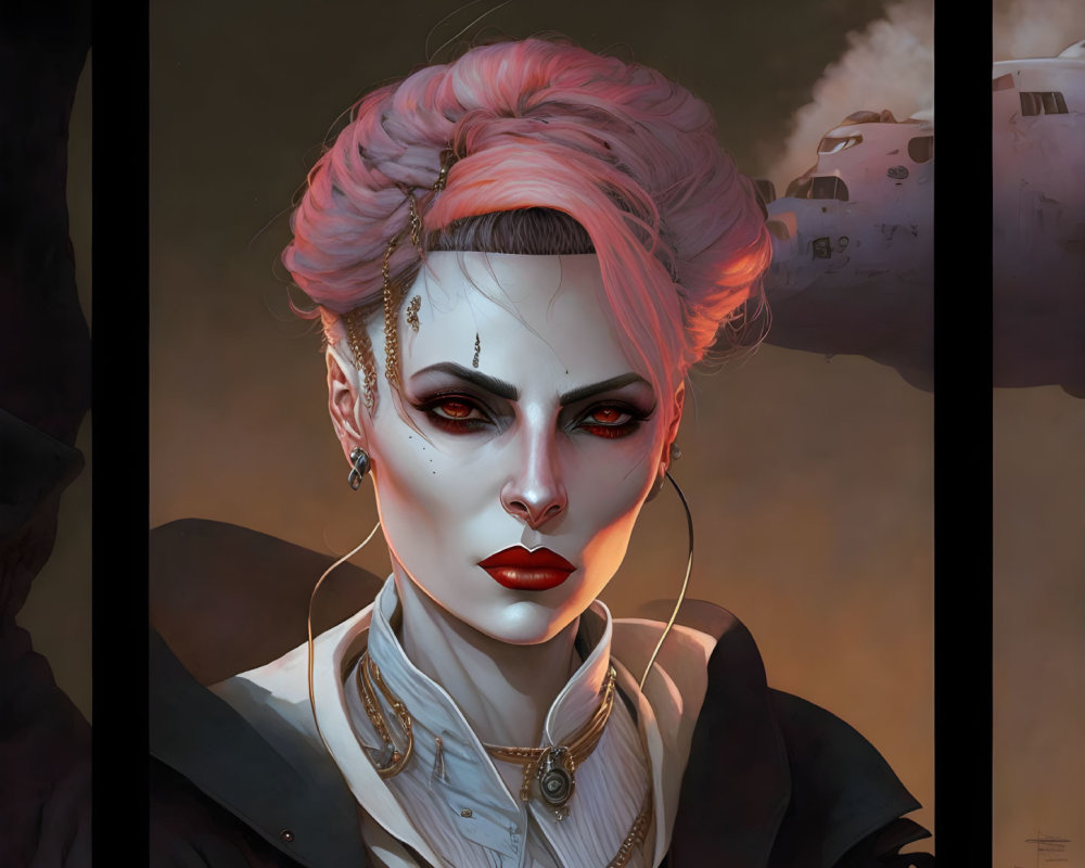 Stylized woman with pink updo, piercings, dark makeup, and ominous helicopters.