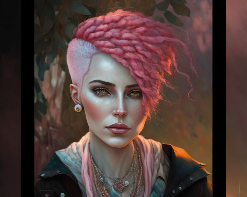 Portrait of a person with shaved side head, pink braided hair, tattoos, piercing, and intense