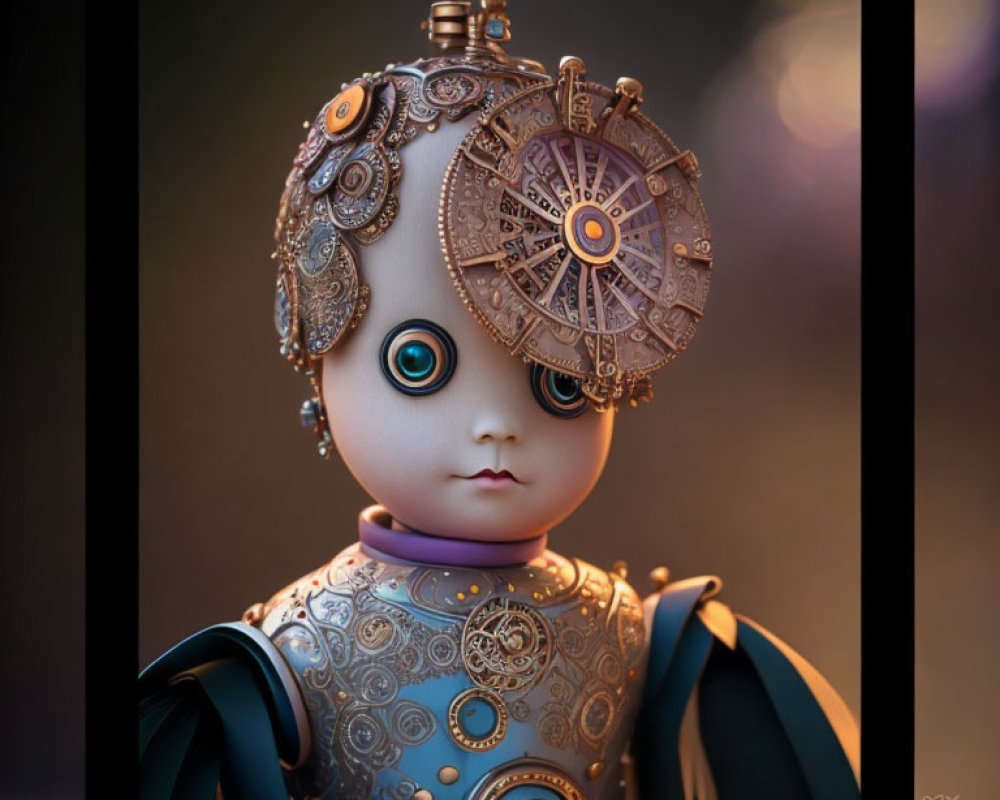 Intricate Steampunk Doll with Mechanical Headpiece and Gearwork