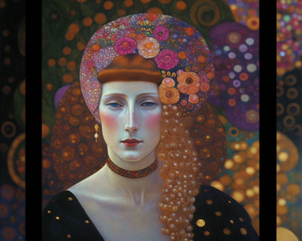 Portrait of woman with red hair and floral headpiece in dark dress against intricate background