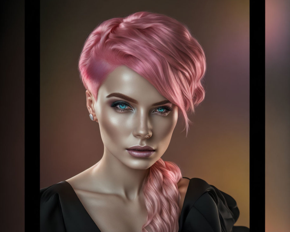 Portrait of woman with blue eyes and pink hair in side braid on muted background