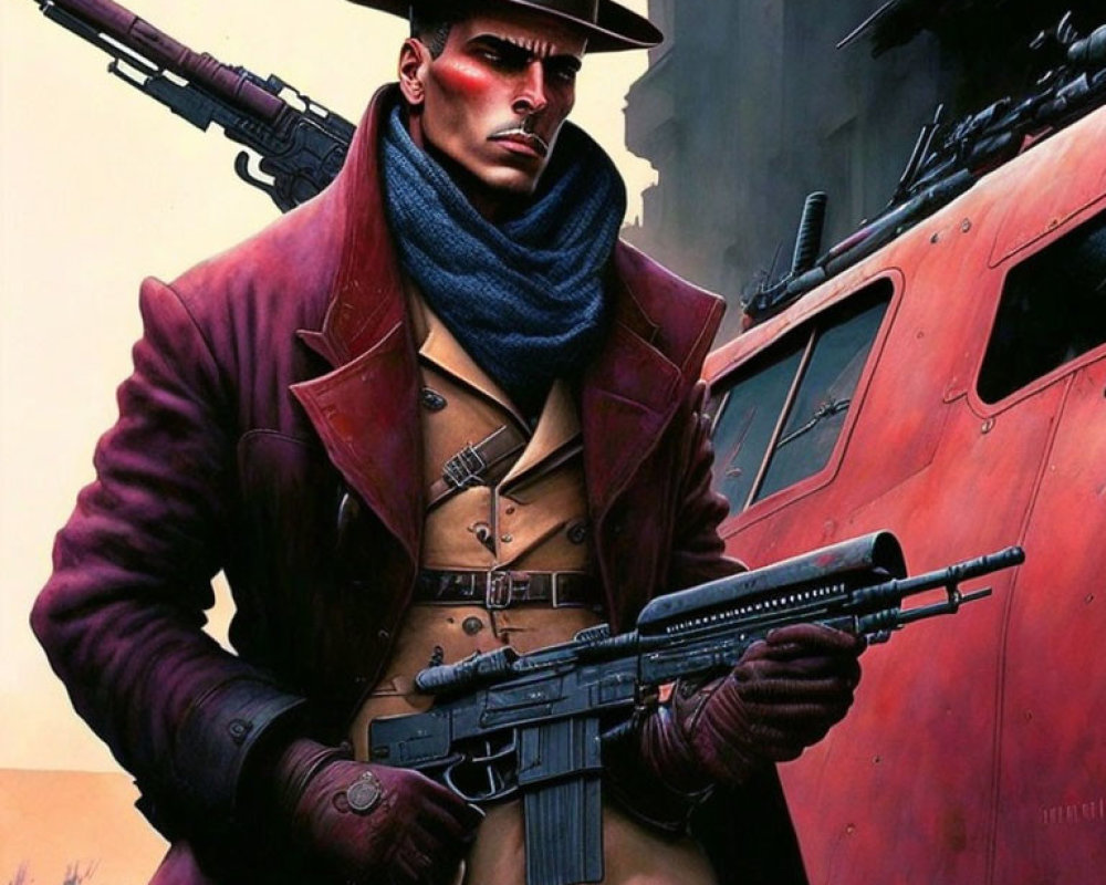 Illustrated character in burgundy coat and hat with rifle, by pink vehicle at dusk