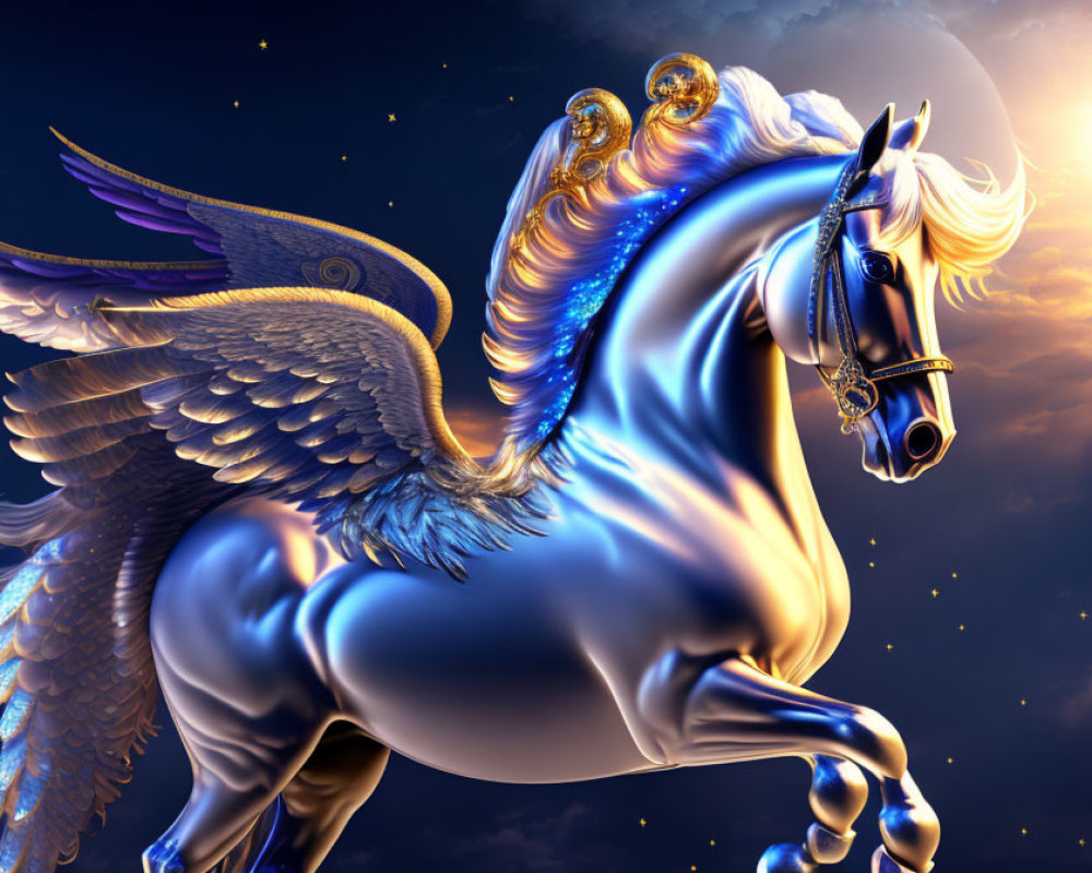 Majestic Winged Horse with Golden Mane in Twilight Sky