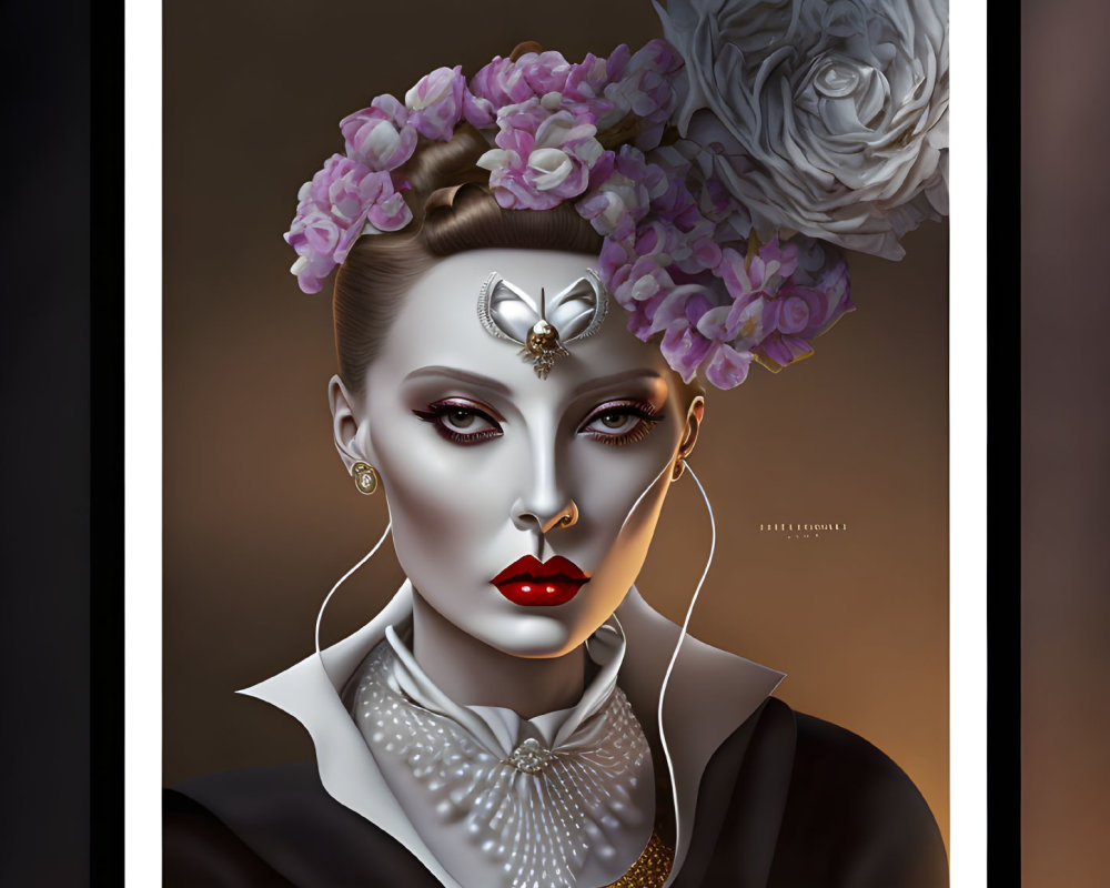 Stylized portrait of woman with floral headpiece and elegant attire.