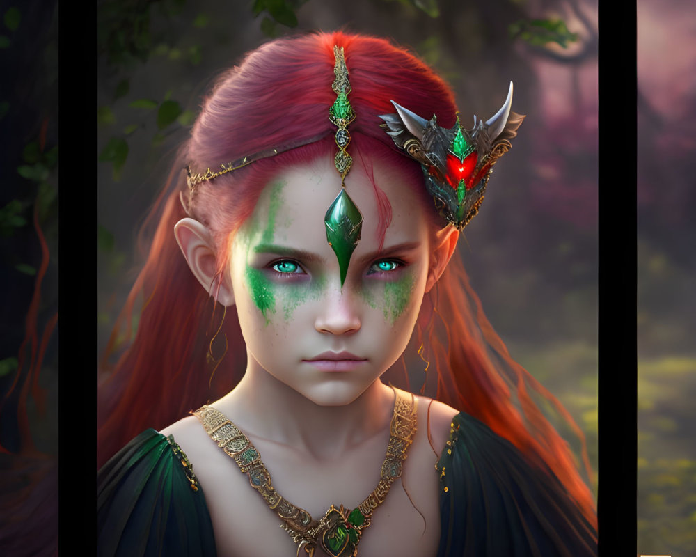 Fantasy portrait: Red-haired girl with green markings and gemstone headdress in mystical forest.