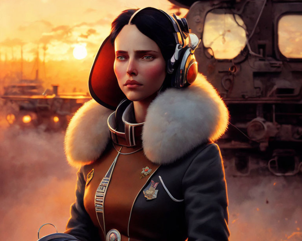 Military-style woman with medals and fur collar at sunset with helicopter.