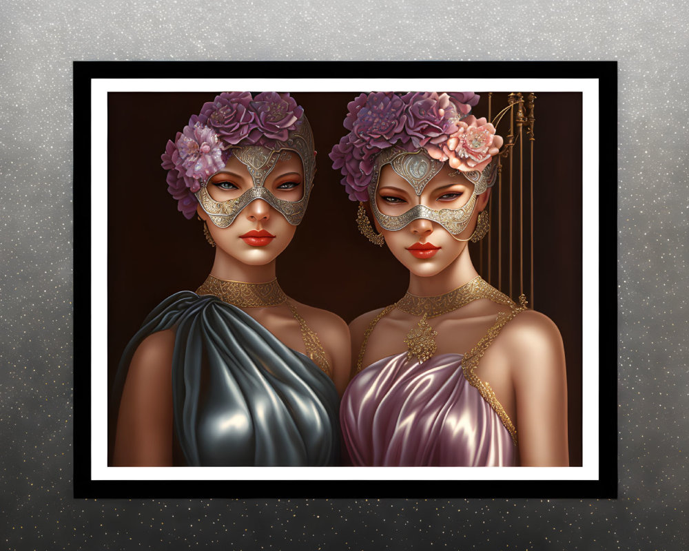 Two Figures in Floral Headpieces and Masquerade Masks in Elegant Portraits