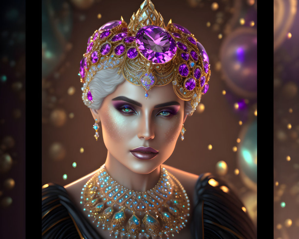 Regal woman digital art: golden crown, purple jewels, dark bokeh background