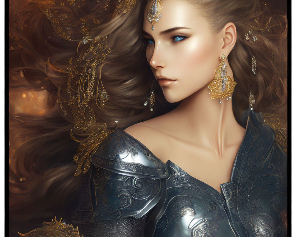 Digital artwork of woman with golden hair and ornate armor.