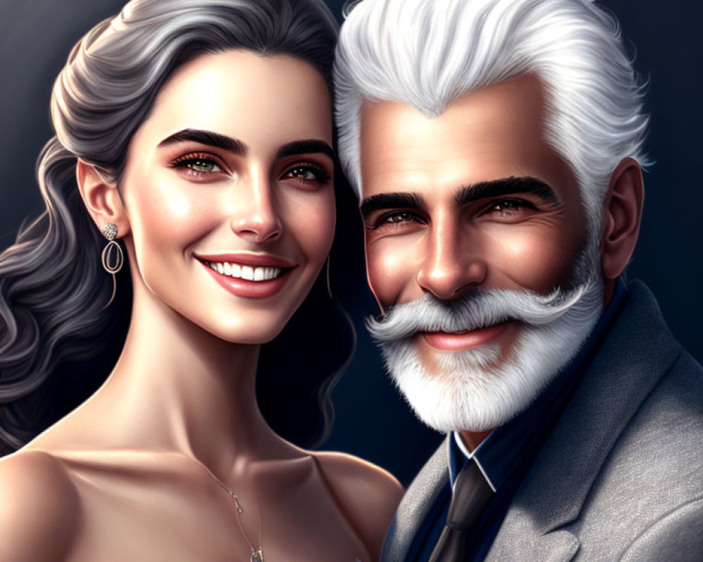 Elegant smiling couple: young woman and older man with white hair.