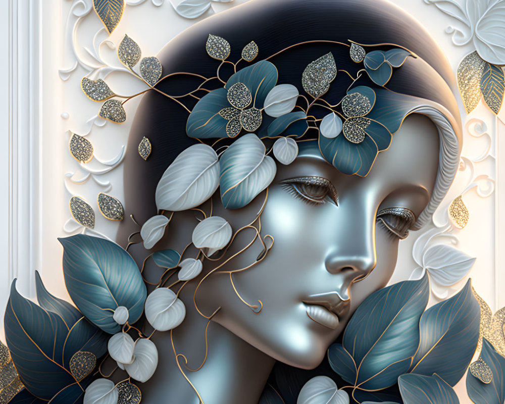 Illustration of woman's face with metallic leaves on white background