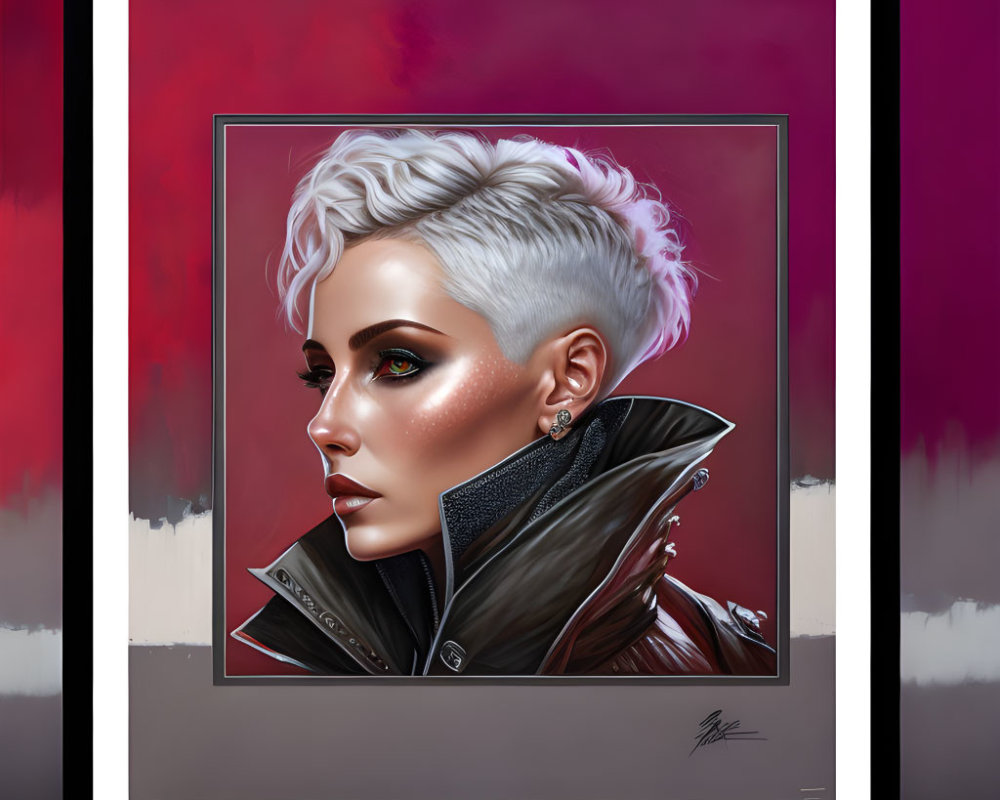 Illustration of woman with pixie cut, earrings, leather jacket on red & white background