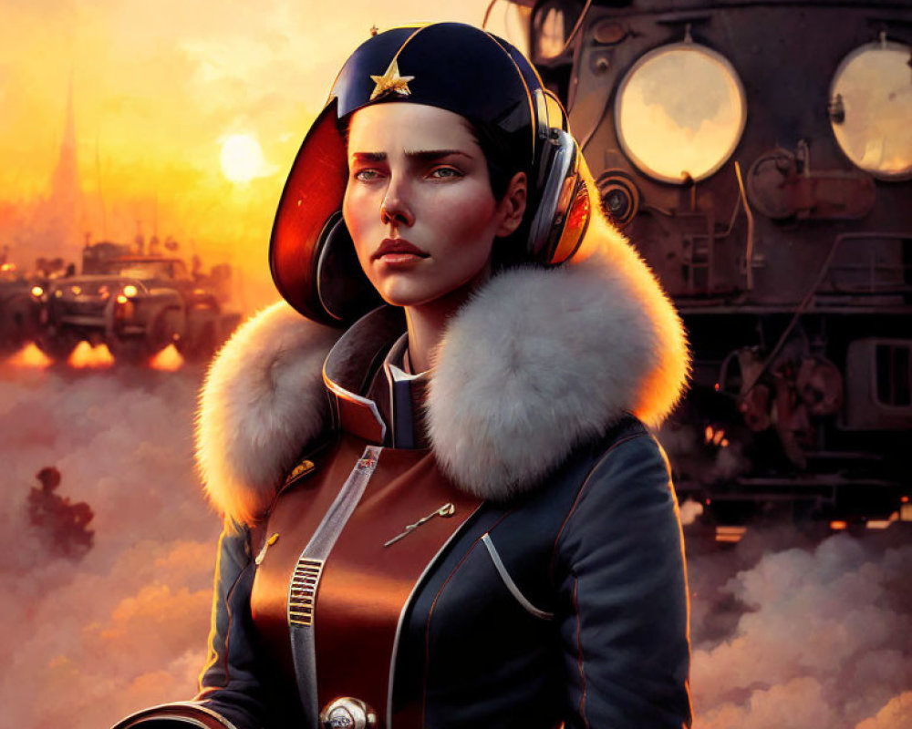 Female pilot in vintage aviation outfit with leather jacket and fur collar among old warplanes and fiery sunset.