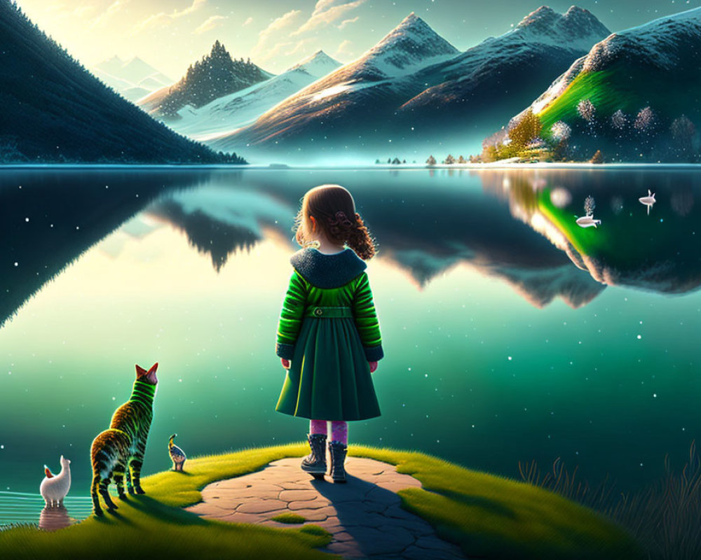 Child and Cat by Tranquil Lake with Swans and Mountains at Night