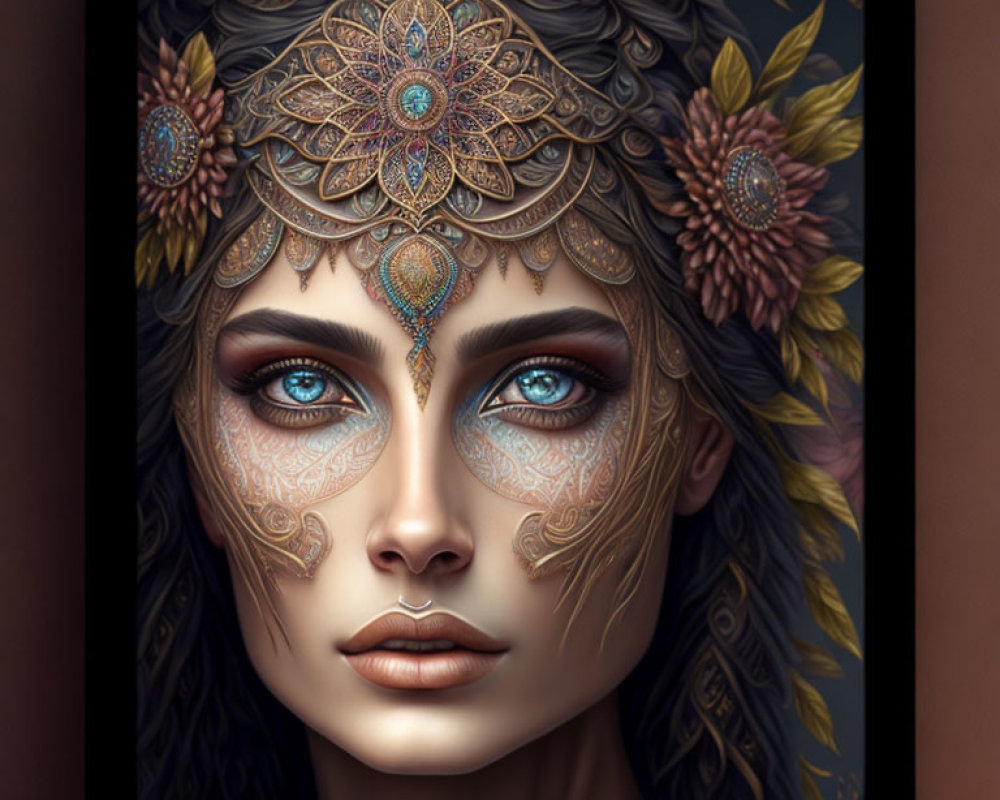 Intricate gold and jewel-adorned headdress on woman with facial tattoos