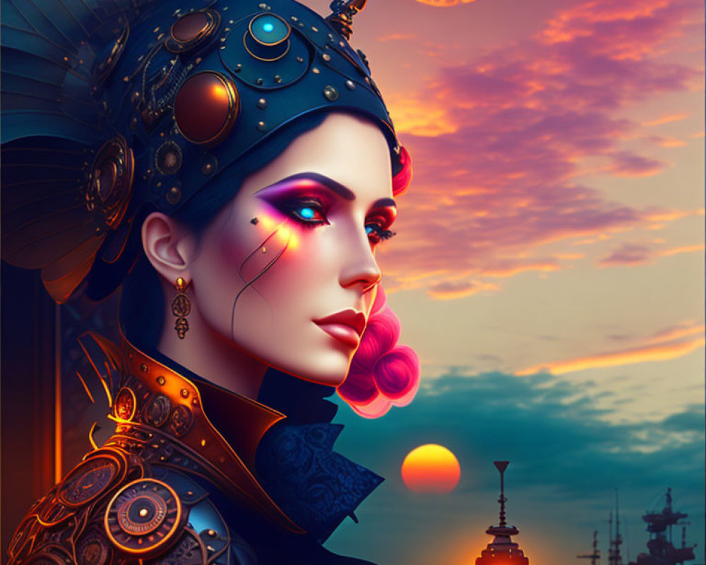 Steampunk-inspired woman with elaborate headgear and armor in colorful sky.