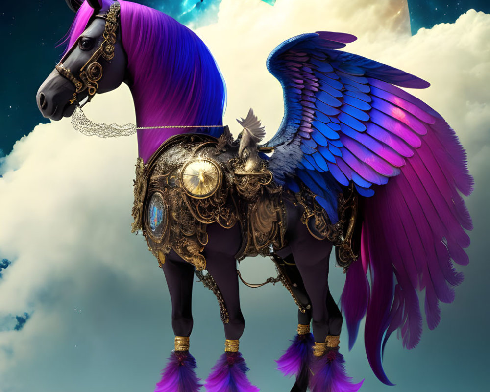 Mystical winged horse with purple mane and ornate golden armor in celestial setting