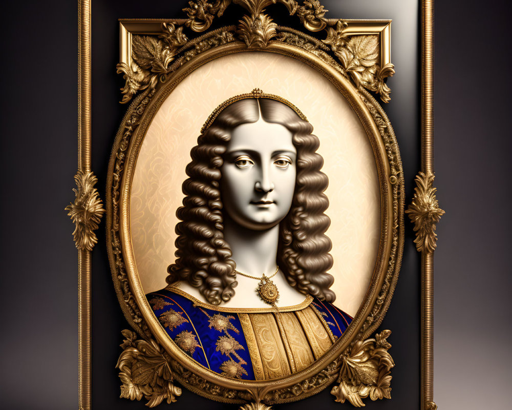 Golden Frame Surrounds Portrait of Woman in Blue and Gold Gown