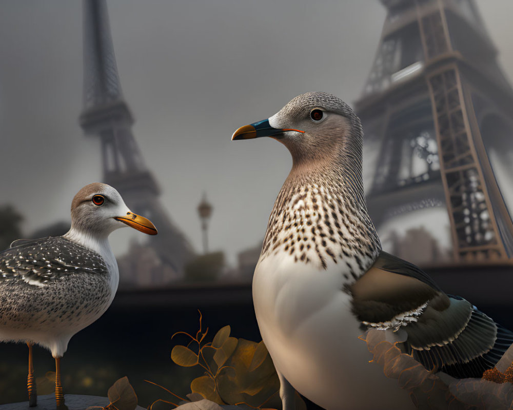 Realistic Seagulls with Eiffel Tower Background at Twilight