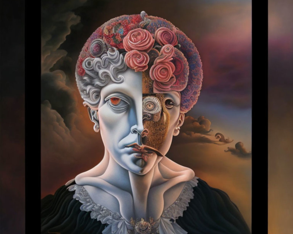 Dual-faced surreal portrait with floral and decaying sides against cloudy backdrop.