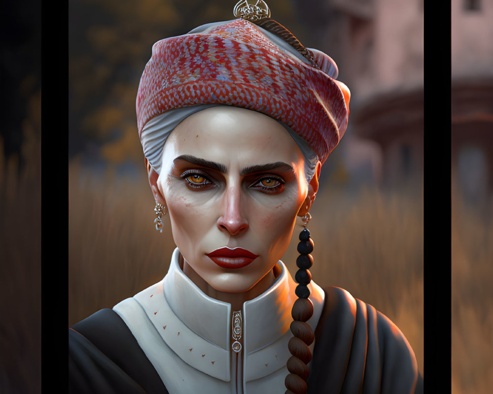 Portrait of woman with red lipstick, headwrap, and braided hairstyle