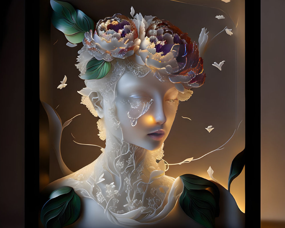 Surreal art: Serene face with florals and butterflies in dark ambiance