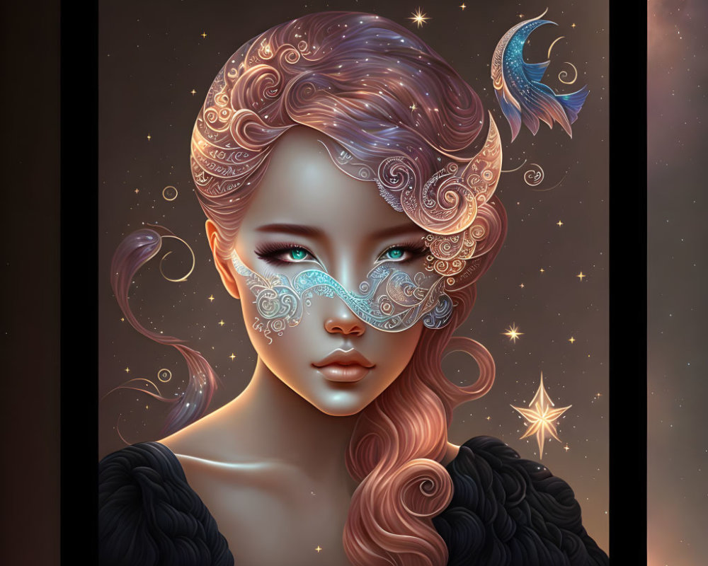 Fantasy illustration: Woman with turquoise eyes, cosmic mask, swirls, and stars on dark backdrop