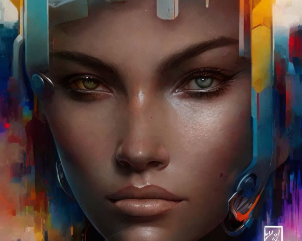 Vivid digital painting of woman with futuristic visor & colorful details