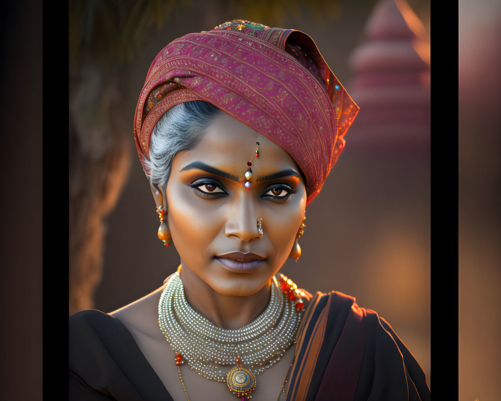 Traditional Indian attire woman with striking makeup and jewelry gazes sideways