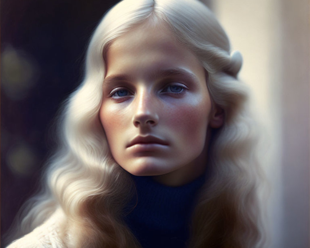 Person with Platinum Blonde Hair and Blue Eyes in Dark Turtleneck Portrait