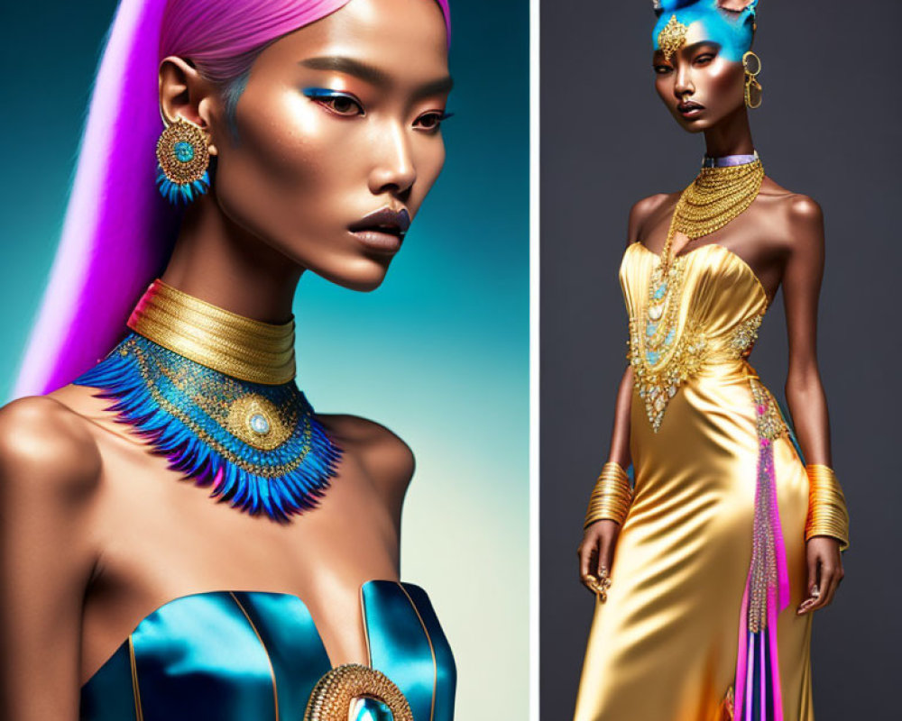 Vibrant Pink Hair Model in Egyptian-Inspired Gold & Blue Attire