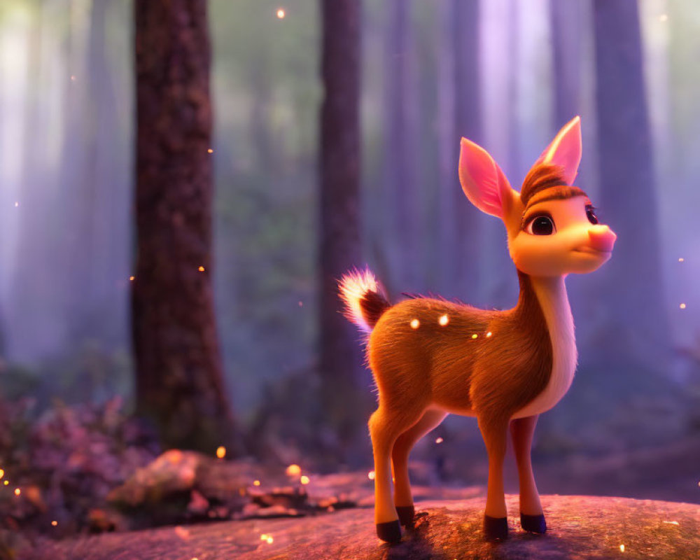 Glowing animated fawn in mystical forest with sunbeams