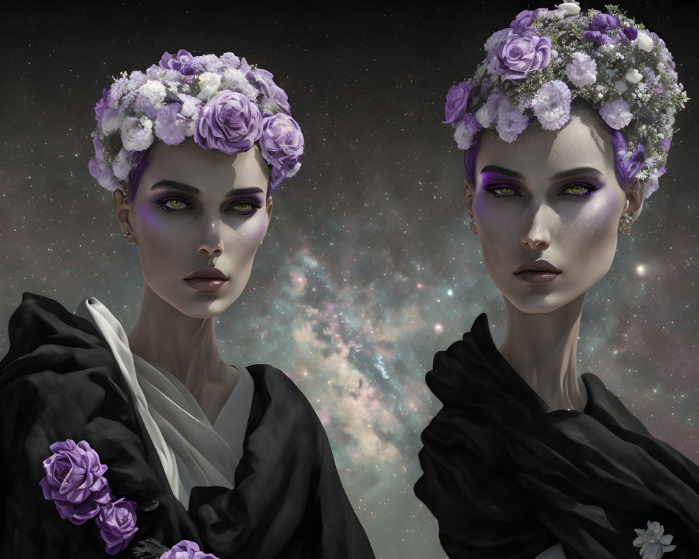 Identical Women in Flower Crowns with Violet Eyes on Starry Background