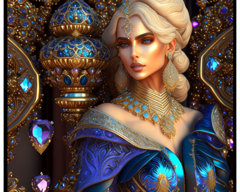 Elaborate Woman Illustration in Blue and Gold Jewelry