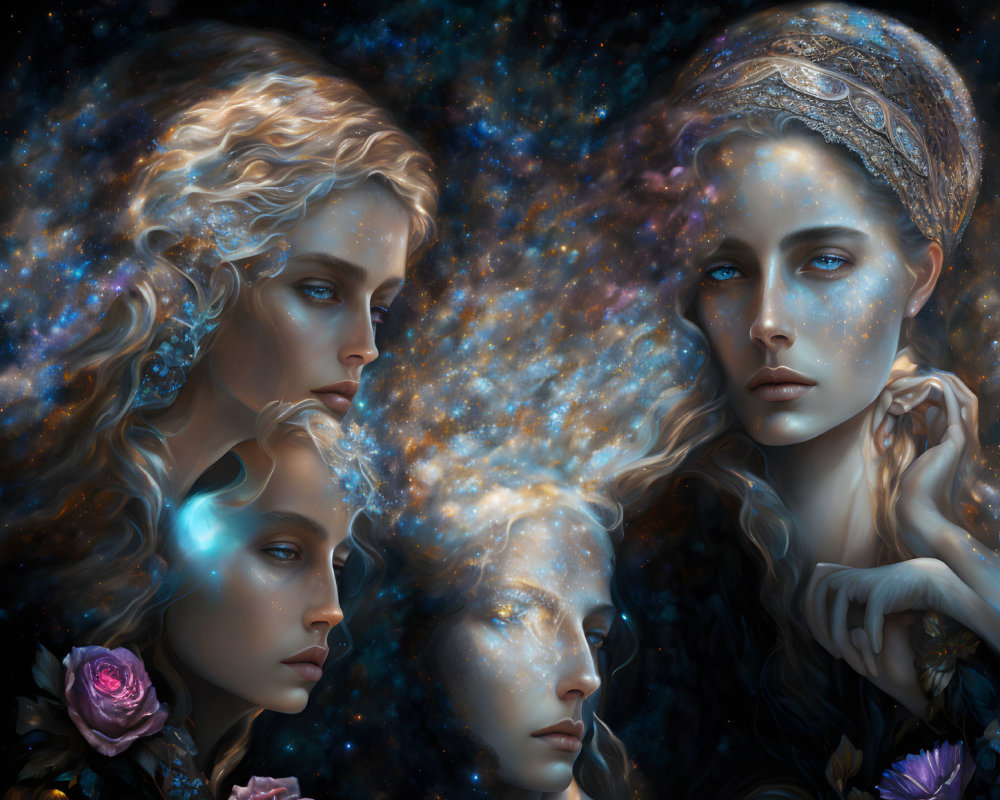 Ethereal women with cosmic hair and glowing skin on starry backdrop