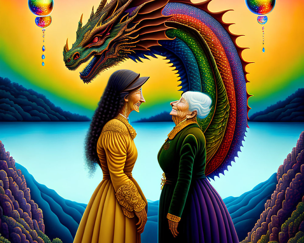 Two women in elegant dresses with a vibrant dragon in a fantastical landscape.