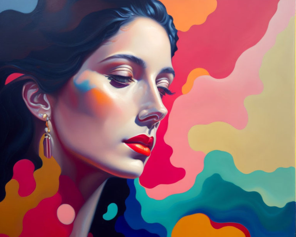 Colorful Abstract Patterns Merge with Woman's Profile in Vibrant Portrait