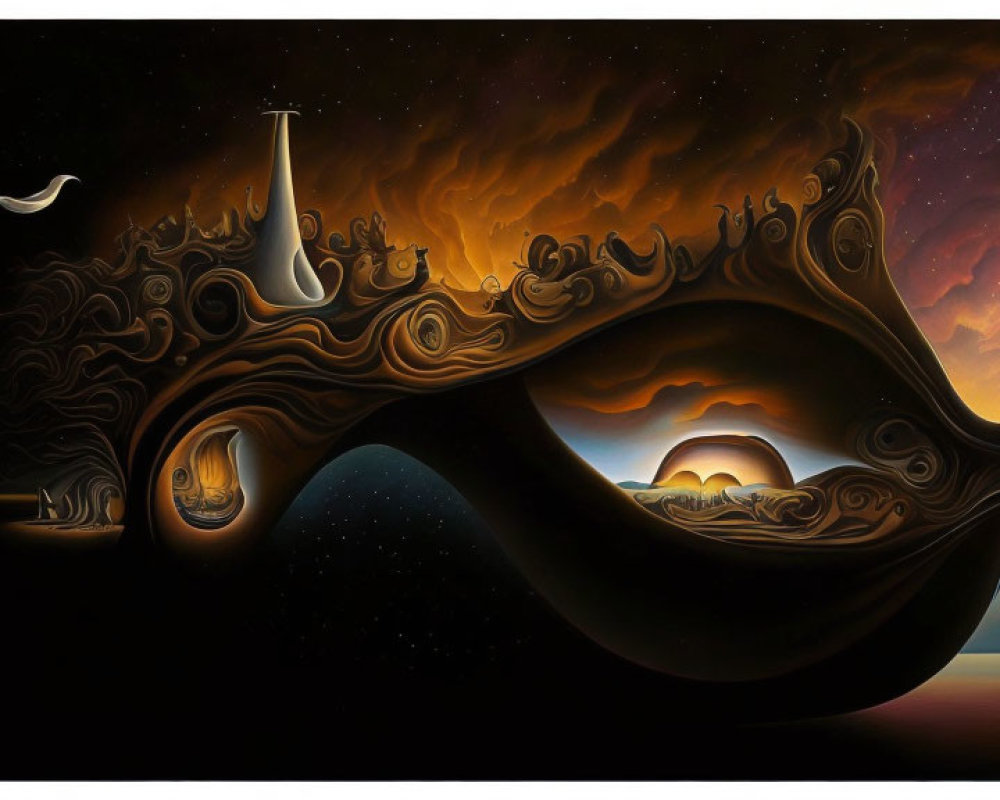 Surreal landscape with wavy terrain, fiery sky, crescent moons, guitar, and glowing