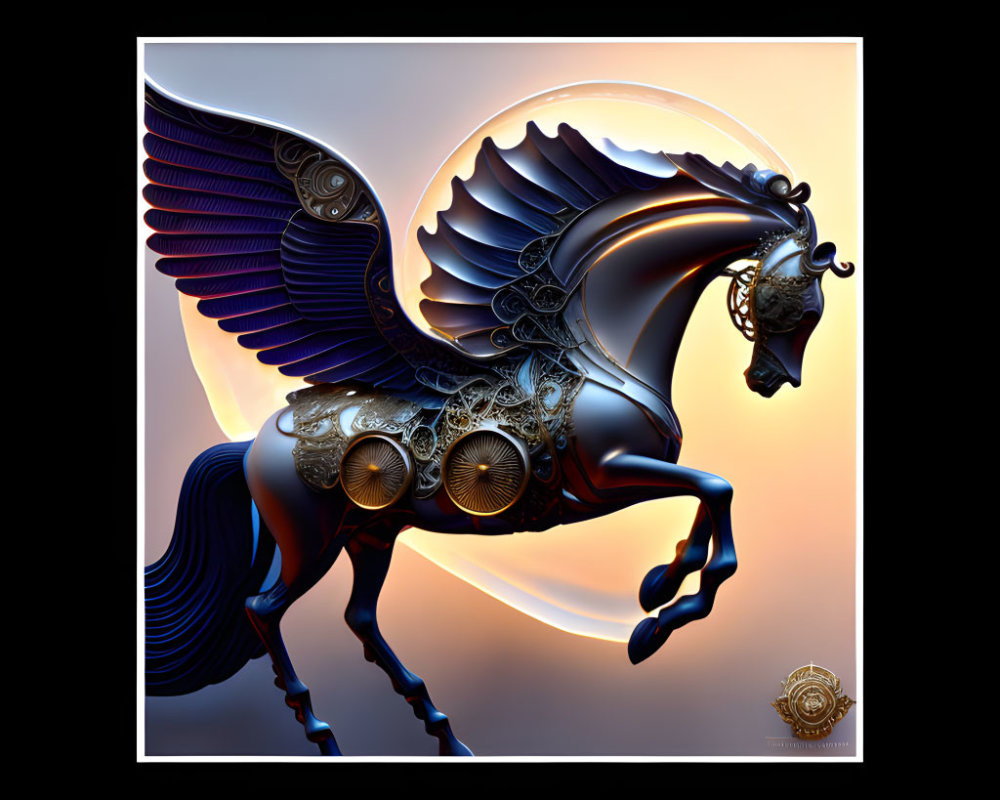 Metallic Horse Artwork with Purple and Silver Mechanical Design