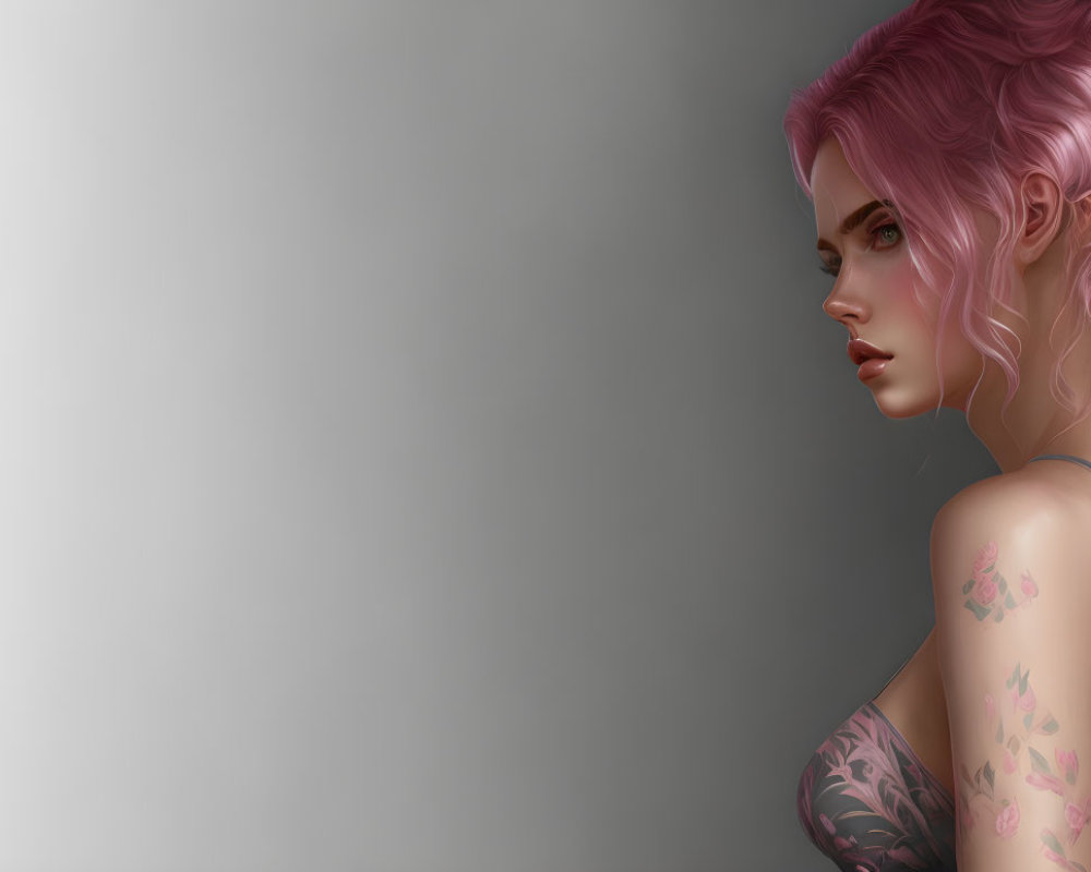 Pink-haired woman with floral tattoos in 3D illustration