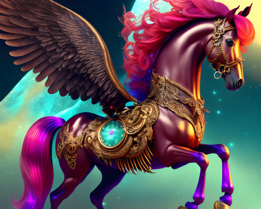 Colorful Winged Horse with Pink Mane and Golden Armor in Cosmic Setting