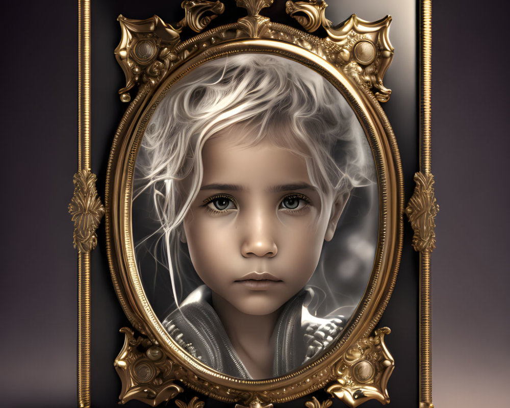 Monochromatic portrait of child with piercing eyes and wavy hair in golden frame