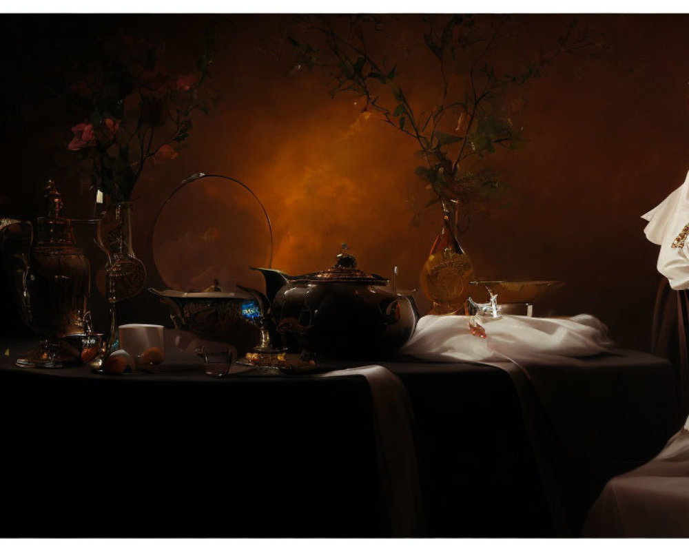 Classic Still Life Painting with Tea Set, Woman, and Child in Traditional Attire