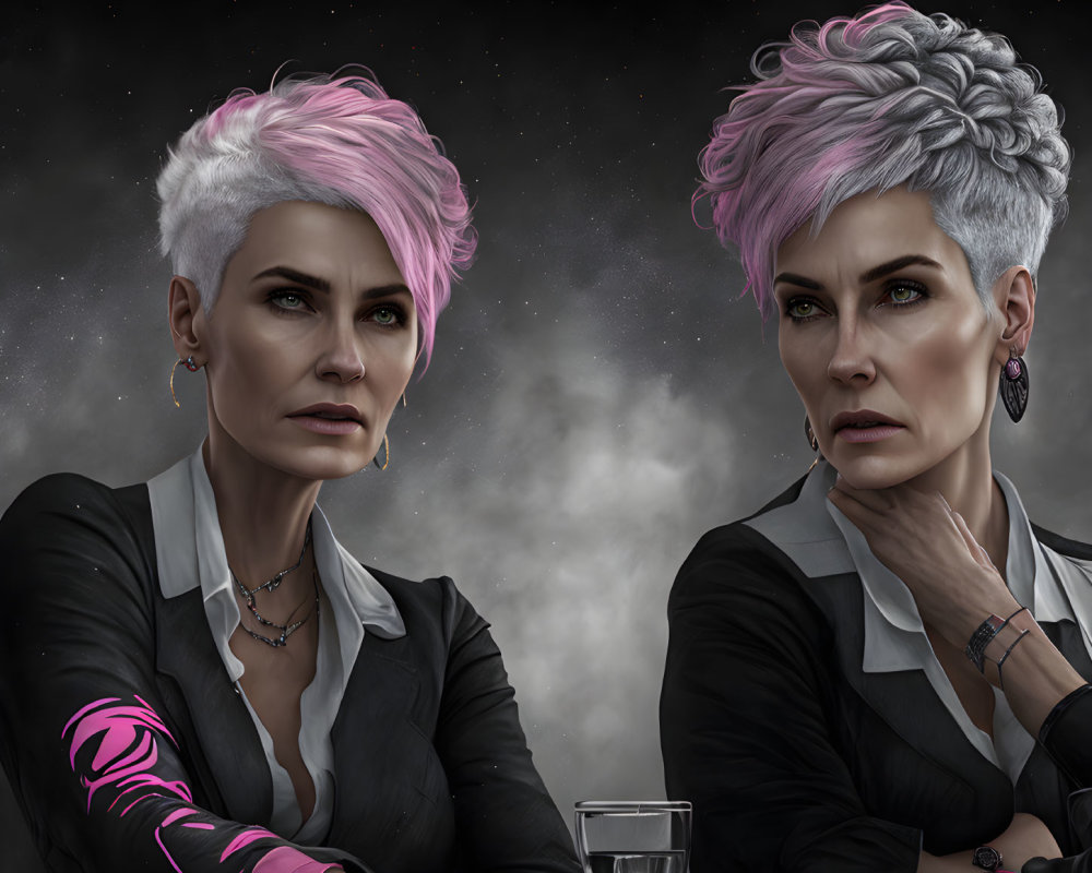 Two women with short white and pink hair in black outfits with pink accents against cosmic backdrop