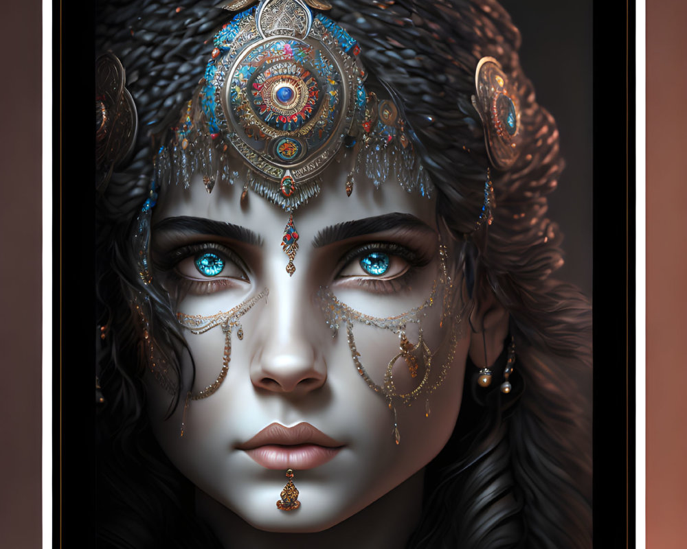 Digital art portrait featuring female with striking blue eyes and elaborate silver-and-gold headdress.